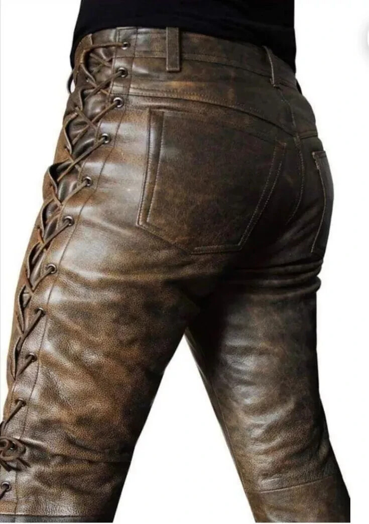 Brown Men’s Cowboy Style Real Distressed Pant Leather with Side Laces Trouser