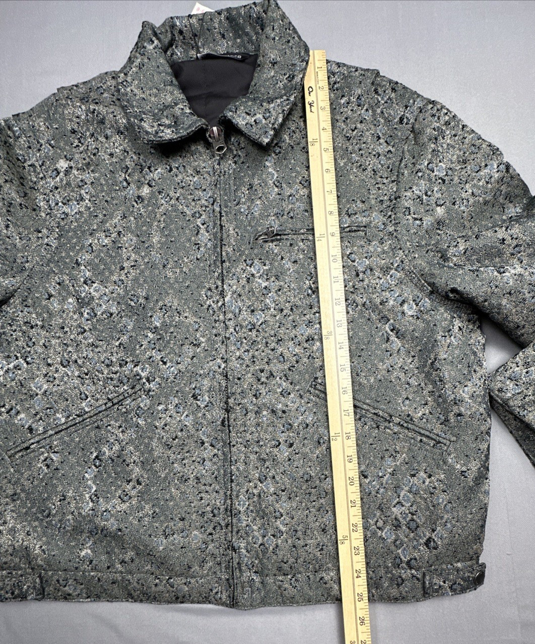 Zara Men’s Cropped Fit Jacquard Bomber Jacket Medium Black Grey Blue Coat NWT