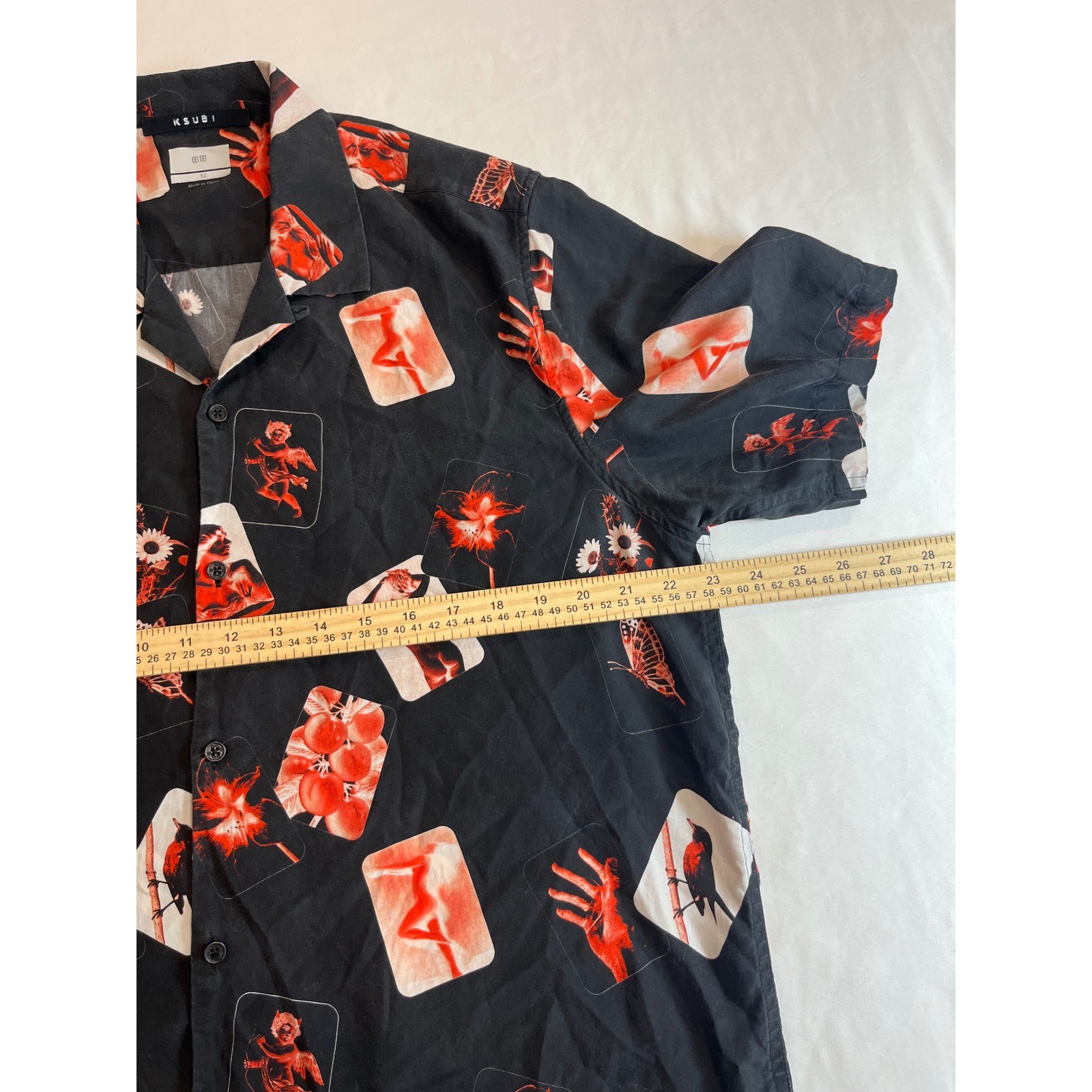 Ksubi Mens XL Black Red Graphic Print Tencel Short Sleeve Button Down Shirt