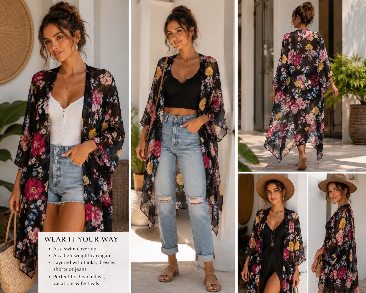 Peach Love California Floral Kimono Cover Up Sheer Beach Swim One Size