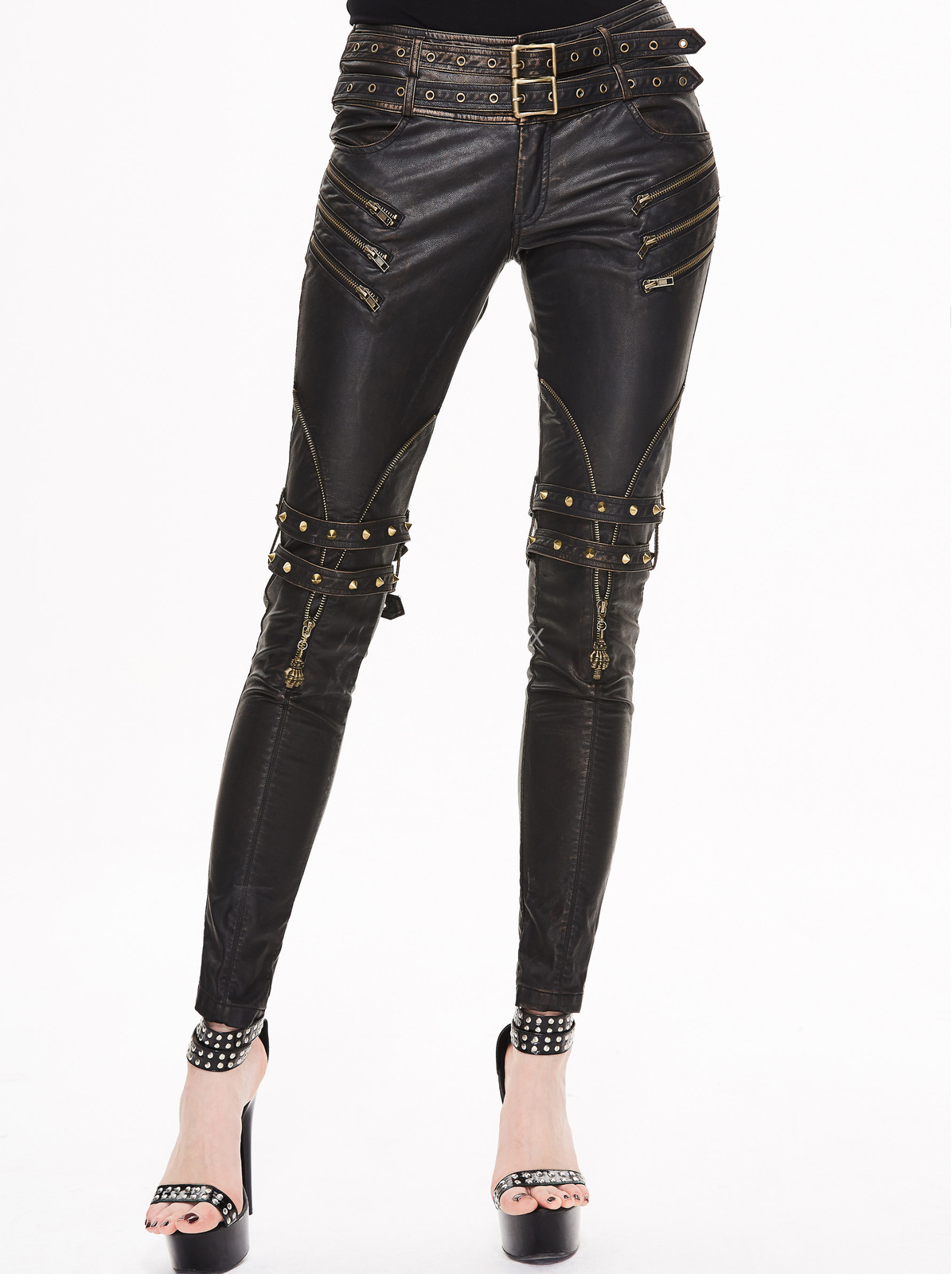 Devil Fashion Rock Steampunk Black PU Leather Women Goth Vintage Zipper Pants