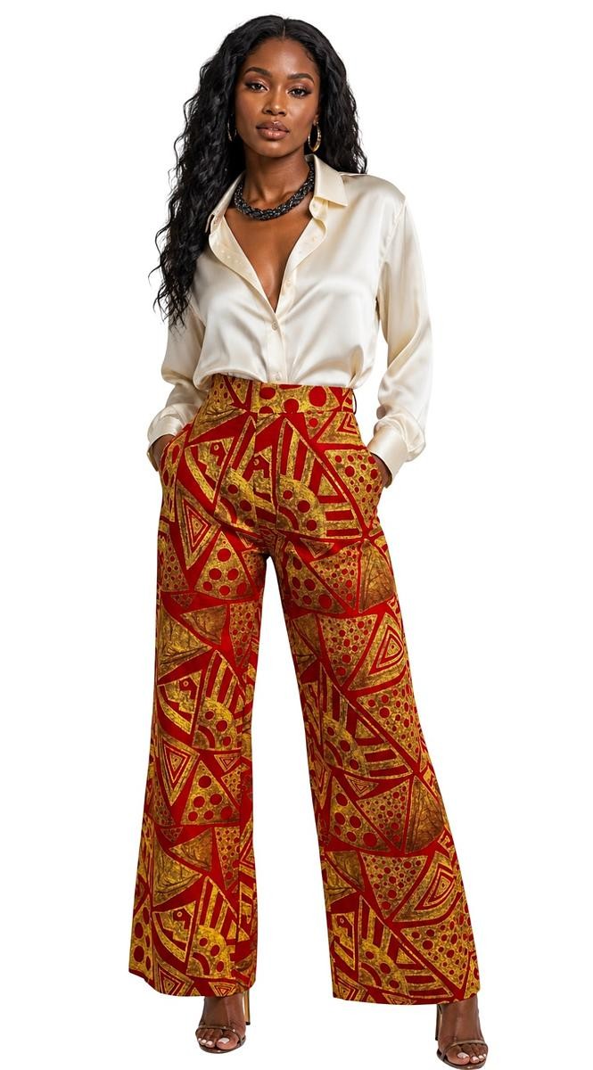 Red & Gold Geometric Wide-Leg Pants
