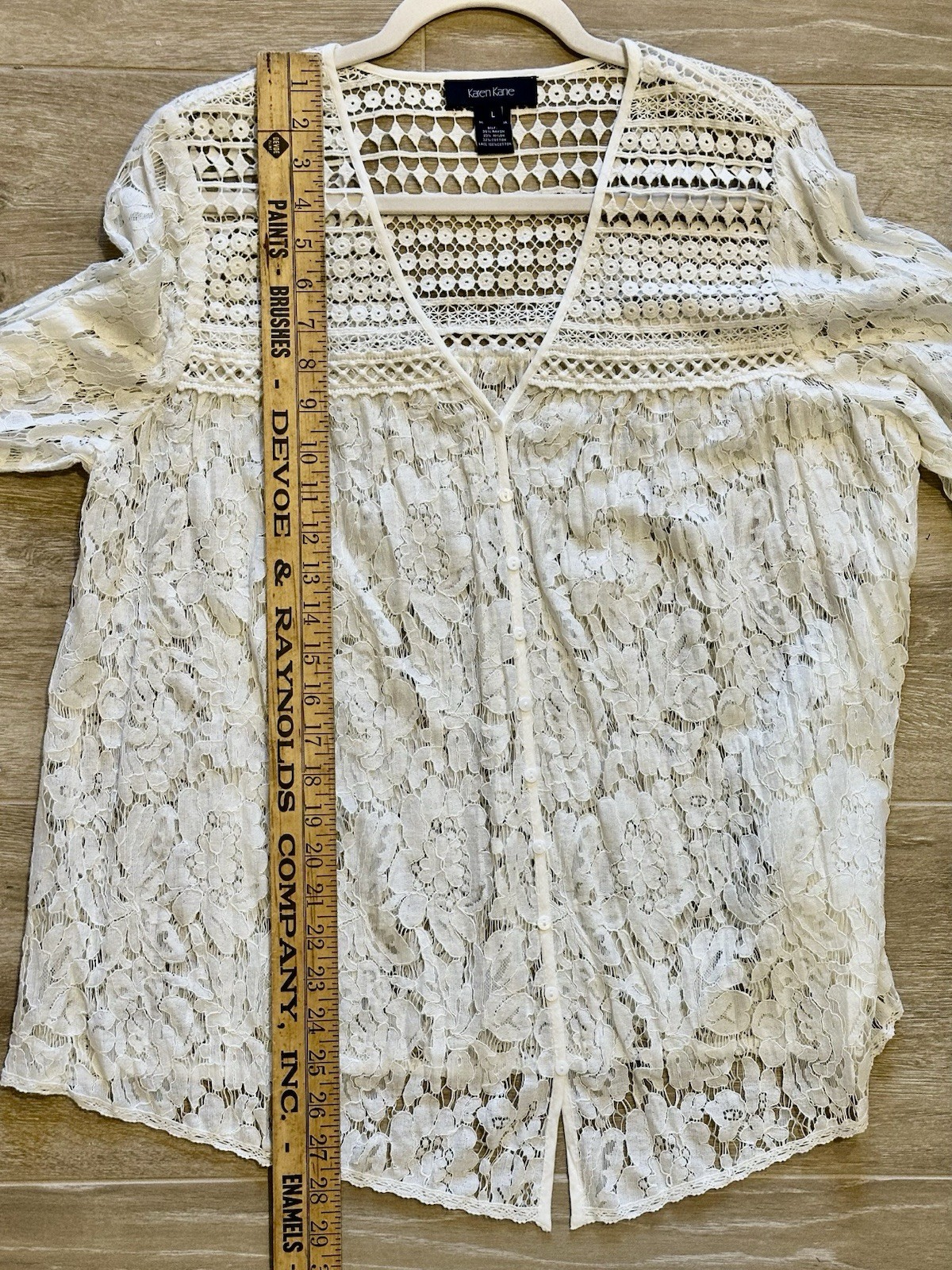 KAREN KANE Seascape Multi-lace Sheer Top Ivory Color Vneck Buttons Sz L $118 NWT
