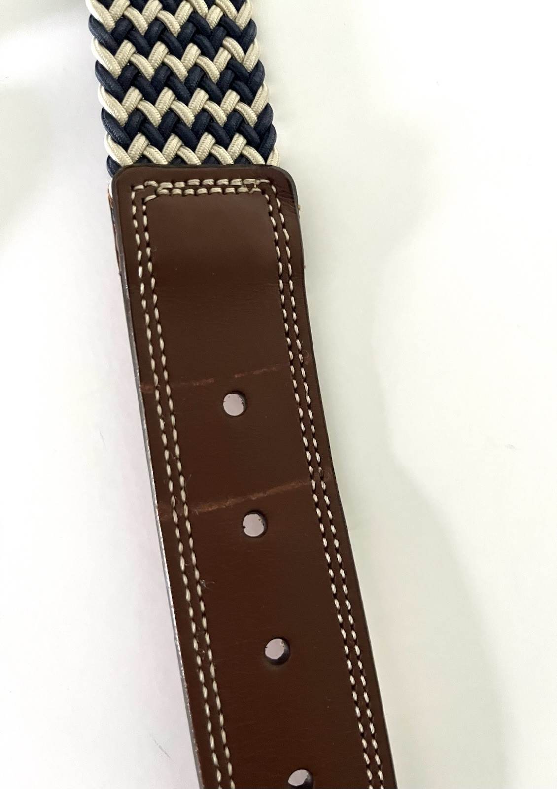Martin Dingman Leather End Belt Beige Navy Tan Braided Woven Rope Size 34
