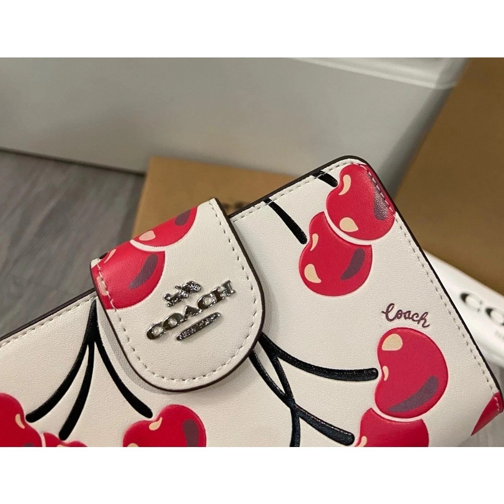 Coach Medium Corner Zip Wallet With Cherry Print Chalk Multi CZ762 with Box