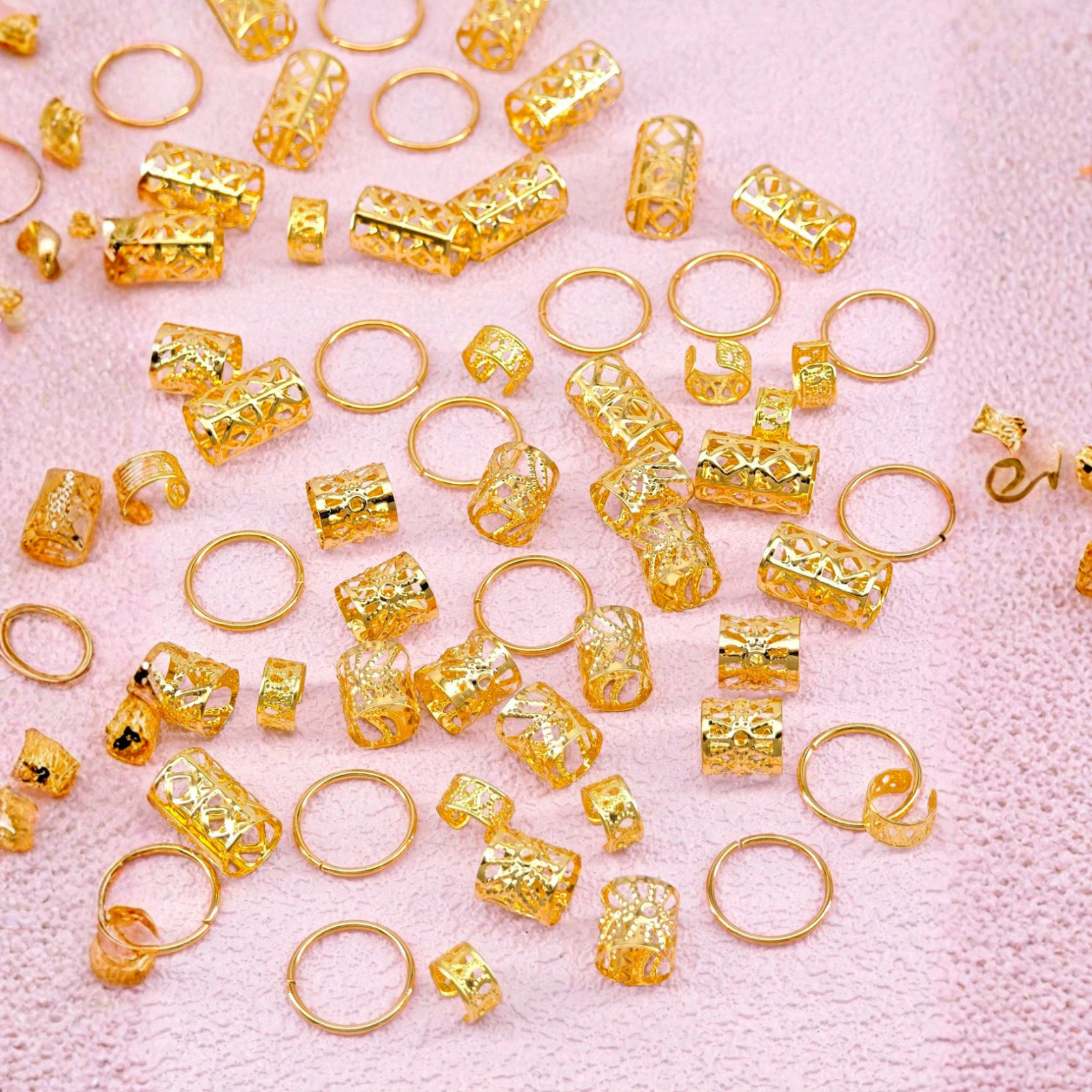 80pcs Dreadlock Beads Locks Accessories Gold Tone Hair Cuffs Rings Braids Boho