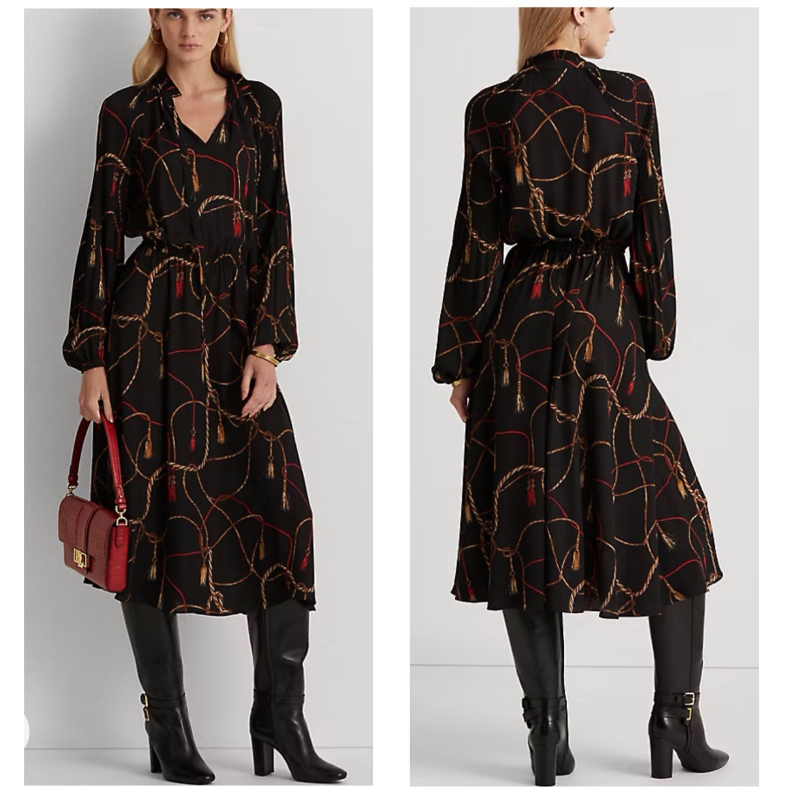 Lauren Ralph Lauren Black Tassel-Print Georgette Tie Neck Midi Dress Size 14