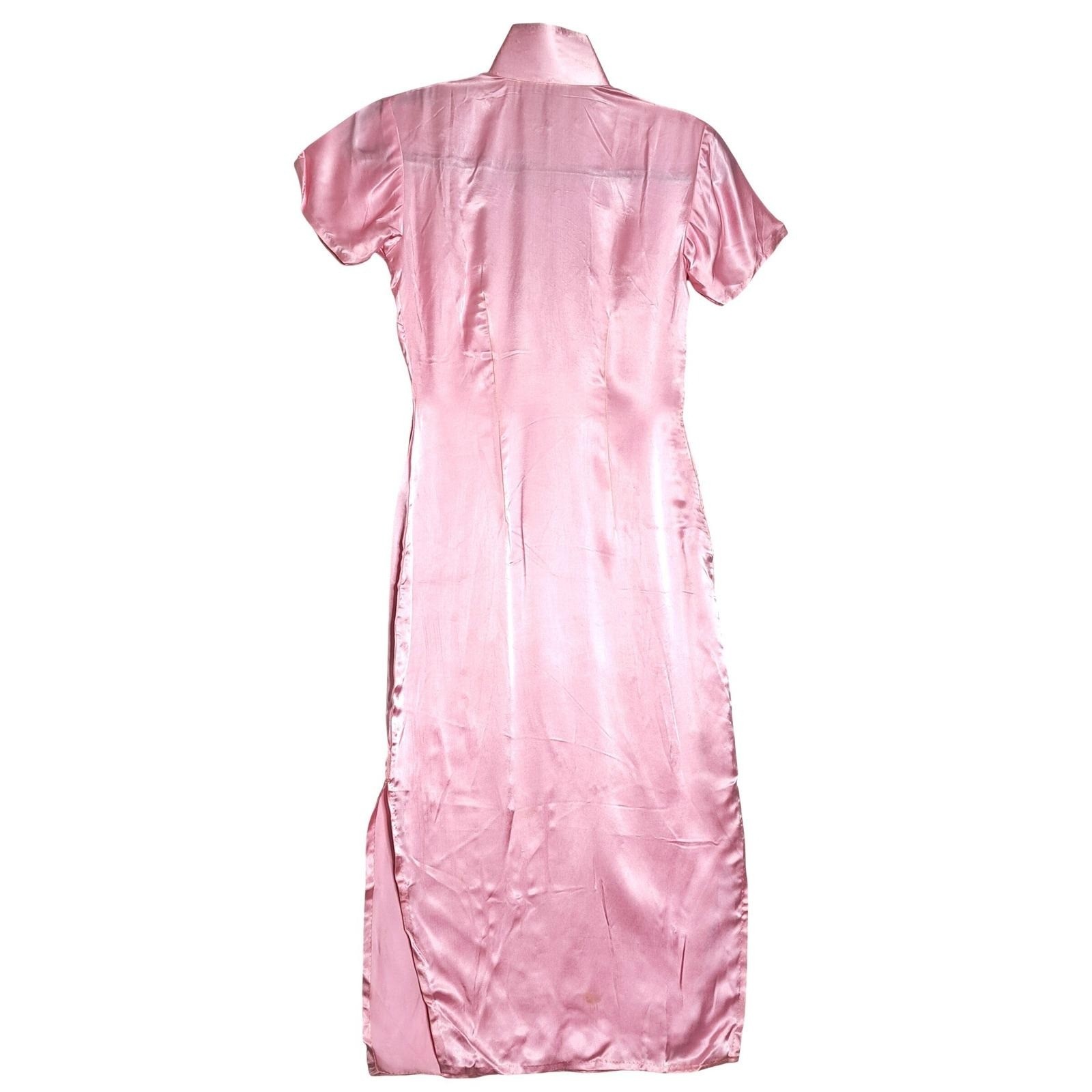 Vintage 50s 60s Pink Silk Satin Cheongsam Qipao Phoenix Sequin Beaded Dress S