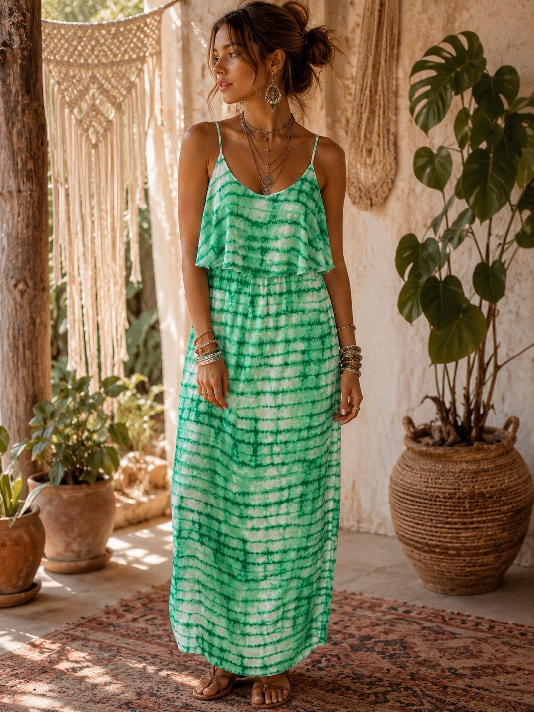 renee c. Green/White Tie Dye Maxi Sundress S Square Neck Strappy Ruffle