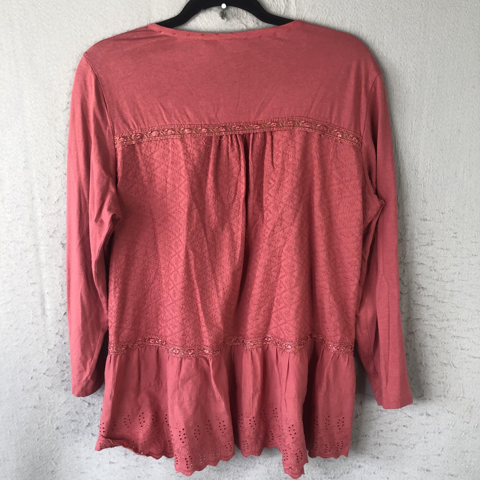 LOGO Lavish Top Womens M Pink Embroidered Feminine Boho Eyelet Peplum Festival