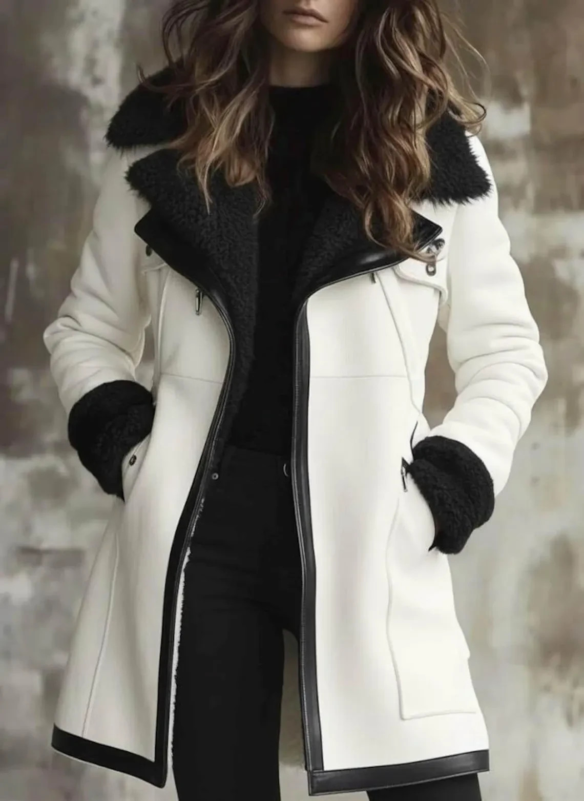 Women’s Shearling Leather Coat | Handmade White Shearling Coat with Fur Collar