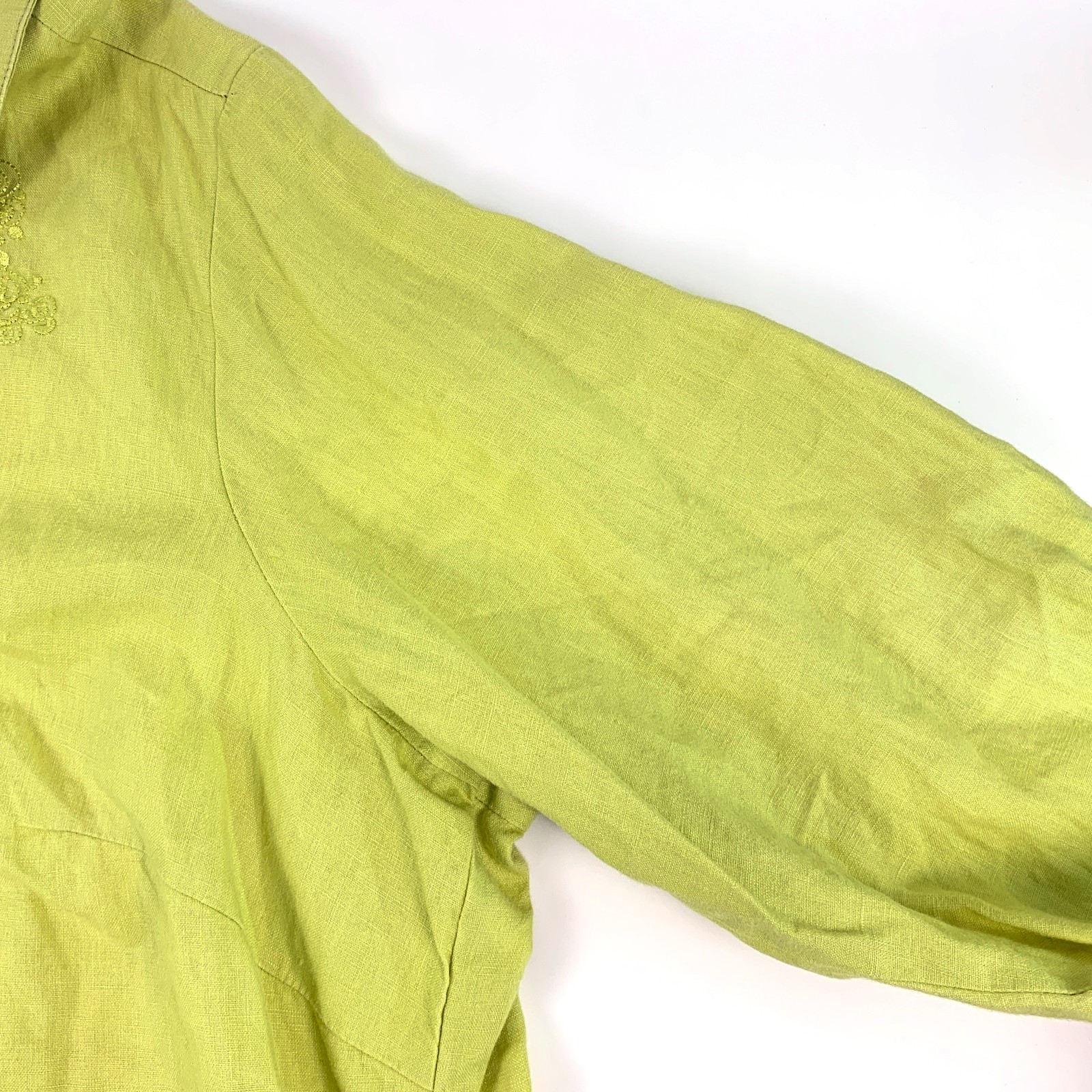 August Silk Options Button Up Blouse Sz 1X 100% Linen Lime Green Embroidered SEE