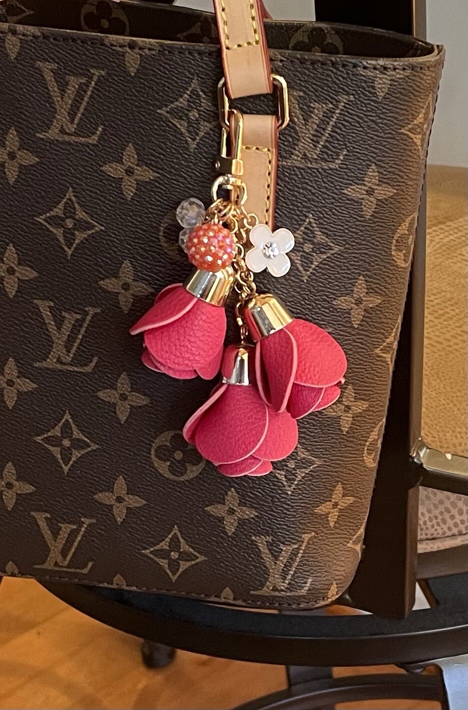 WATERMELON RED REDDISH PINK LEATHER ROSE TASSEL DISCO BALL RHINESTONE BAG CHARM