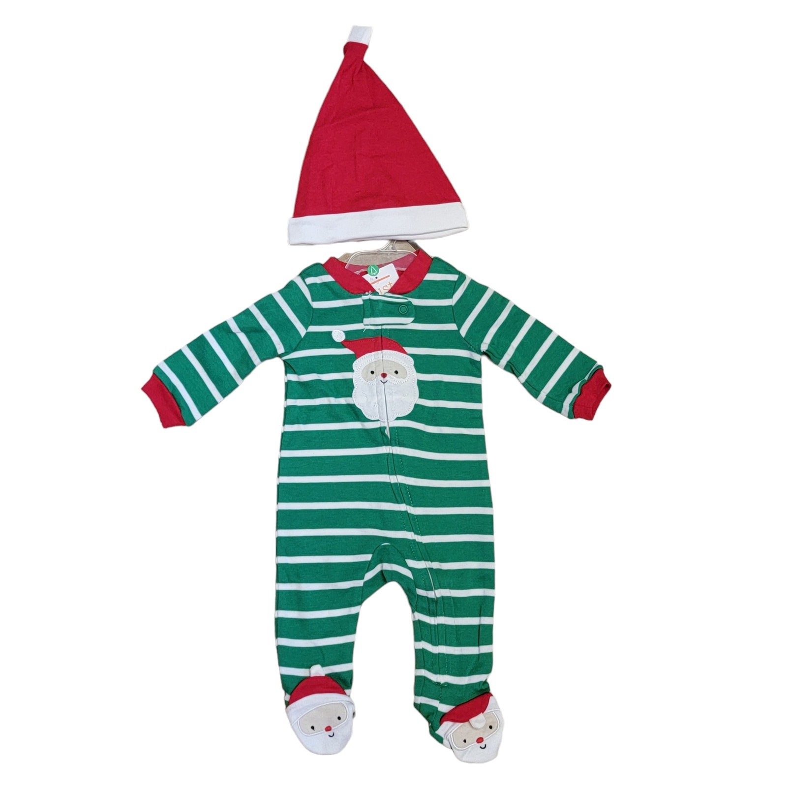 Carters Santa Pajamas + Hat Boys Sz NB 1 Pc Green Stripe Christmas Footie Sleep