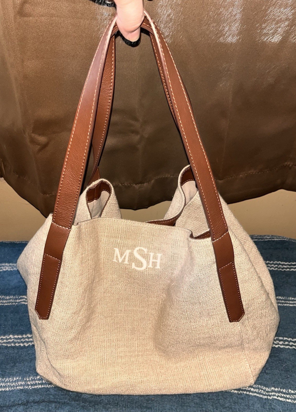 Mark & Graham Italian Linen Genuine Leather Tote Bag Made in Italy Monogram MSH