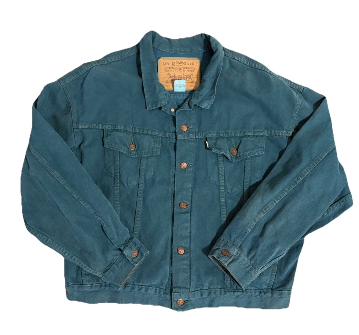 Vintage Levi’s Type 3 Green Denim Trucker Jacket Size XL USA Made 90s 70598 4347