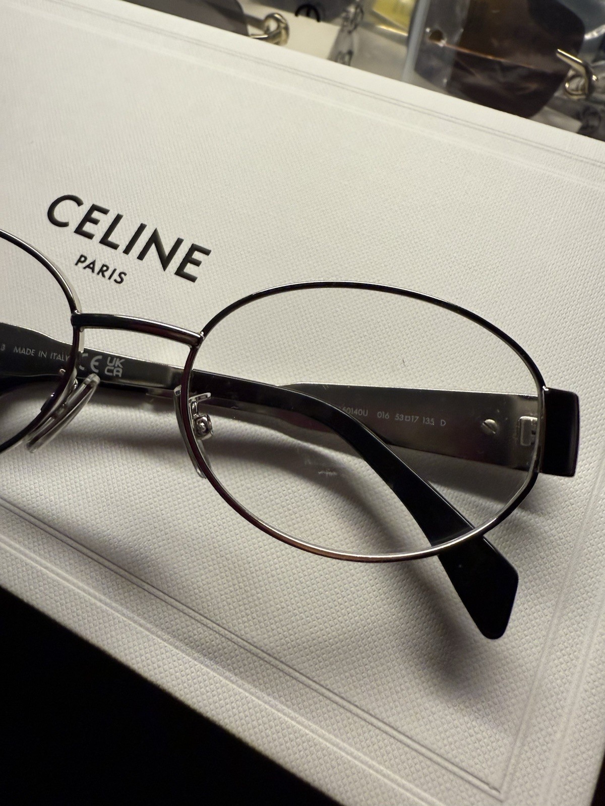 Celine CL50140U 016 Triomphe Metal Oval Silver Black Eyeglasses Clear AUTHENTIC