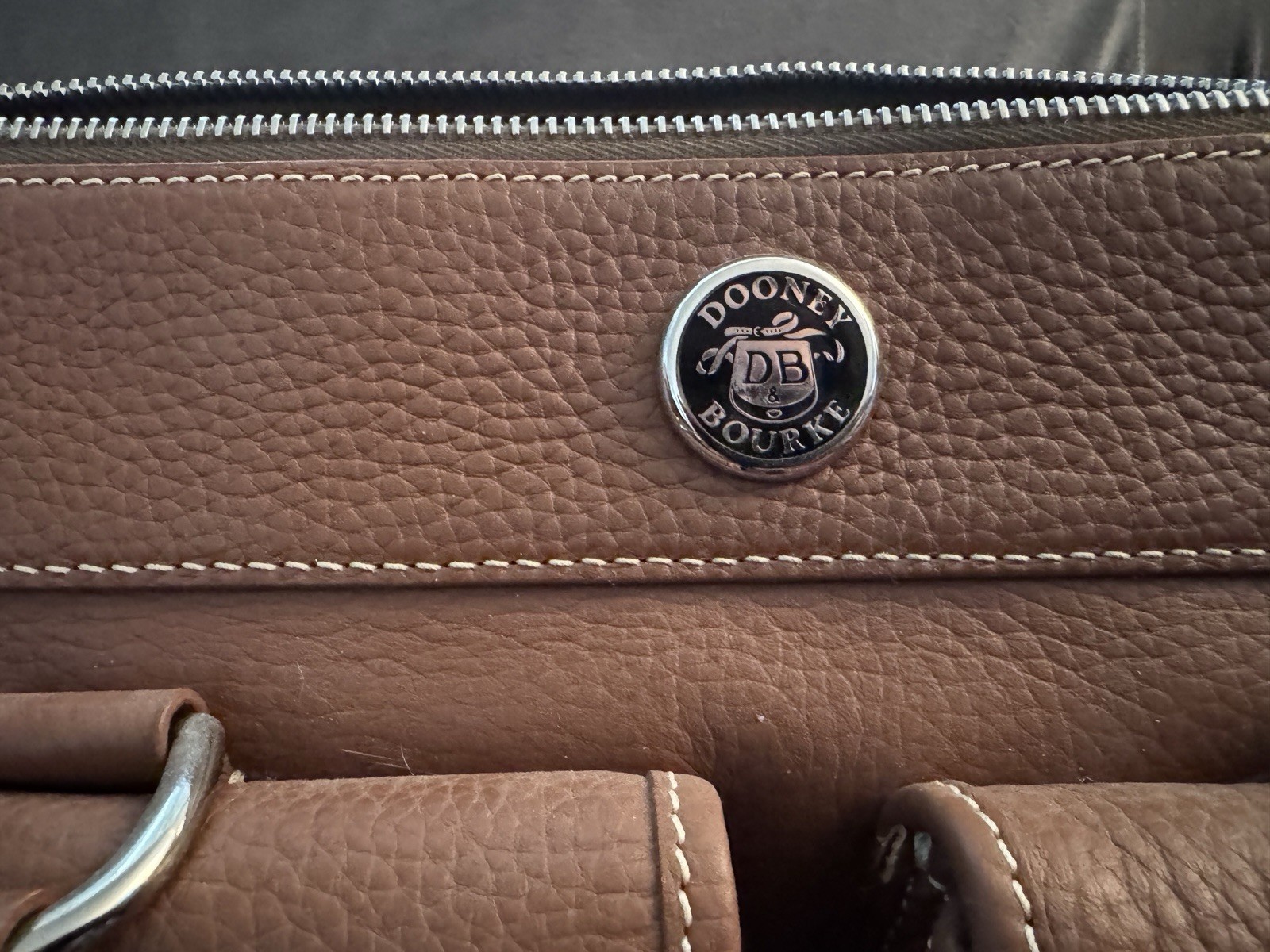 Dooney & Bourke Pebbled Leather Double Pocket Tote Satchel Brown Shoulder Bag