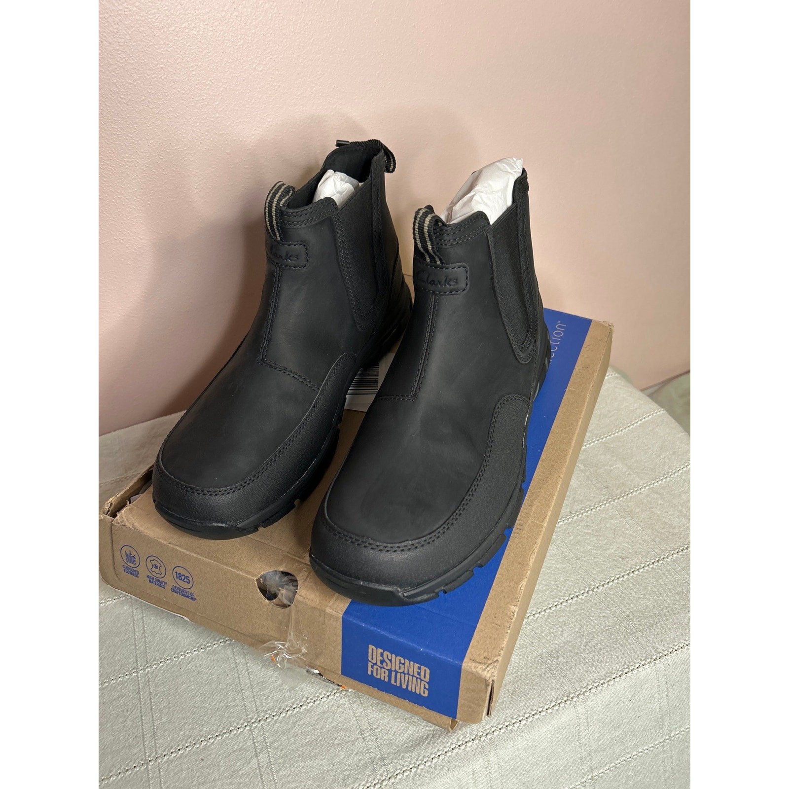 Clarks Men’s Walpath Easy Chelsea Boot Black Leather Size 12 W Waterproof New
