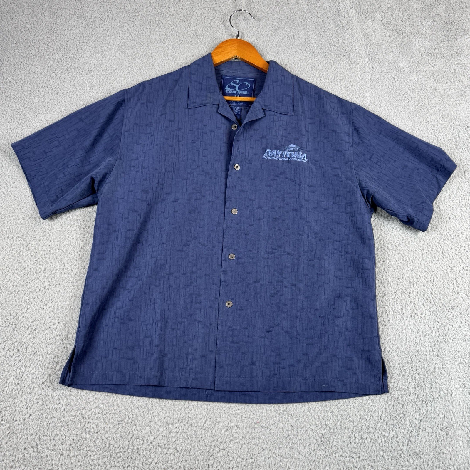 Daytona Speedway Shirt Mens Medium Blue St Clair Apparel Button Down Rayon Blend