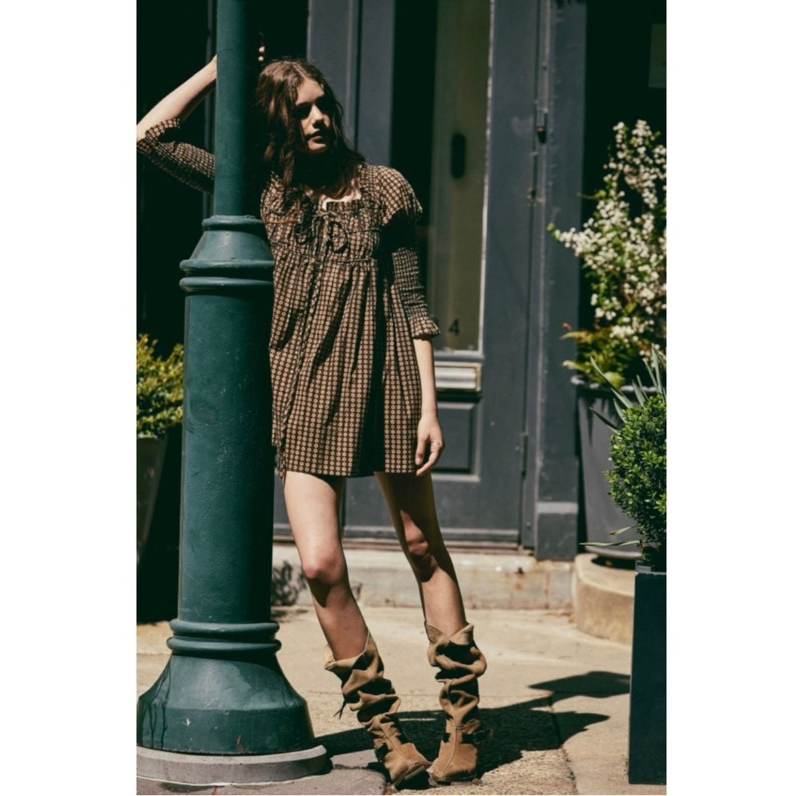 Free People Retro 70s Babydoll Star Dip Mini Dress in Black Combo Size Large