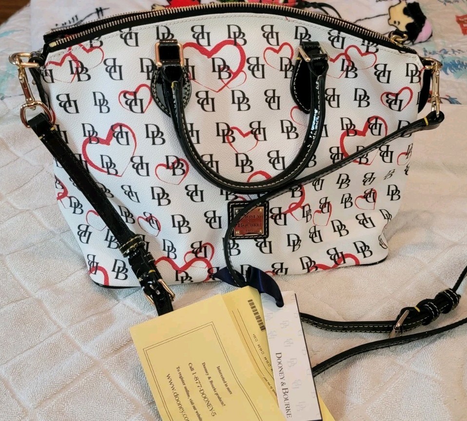 Dooney & Bourke DB Heart Print Satchel White Black Red Coated Canvas Bag