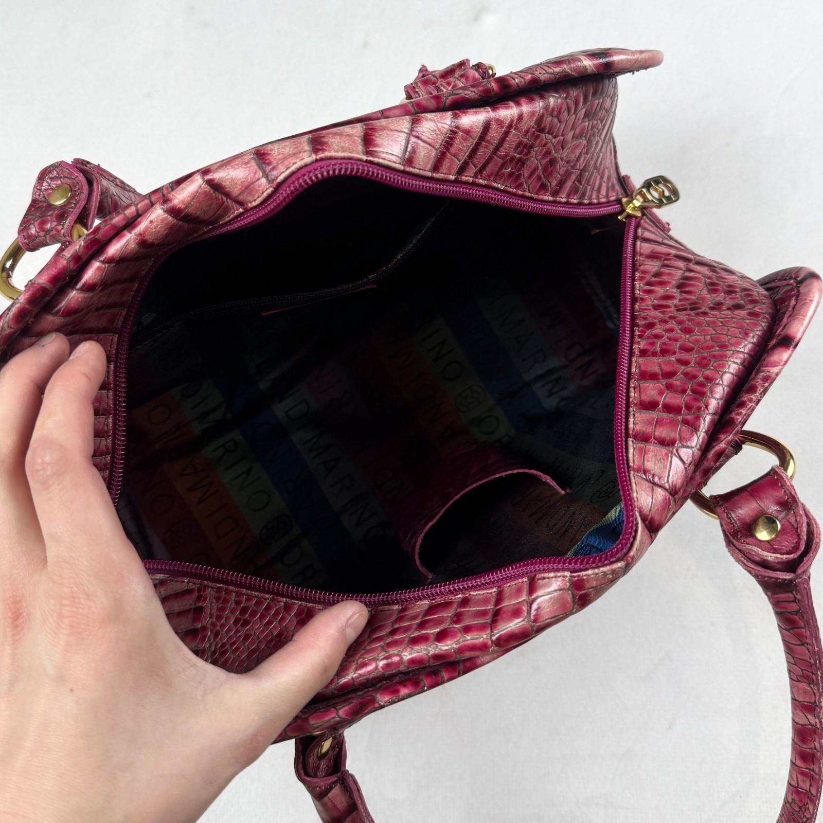 Italy Pink Croc Embossed Handbag Leather Top Handle Purse Retro Shoulder Bag