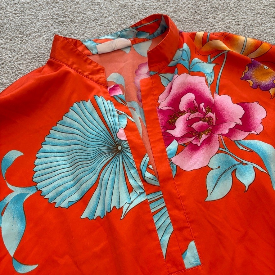 Natori Satin Kimono Caftan Womens XL Orange Floral Tunic Asian Inspired