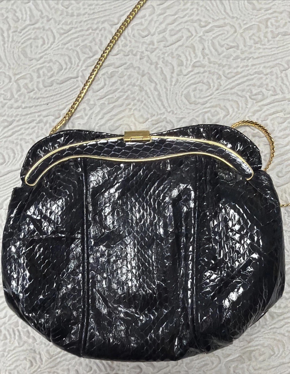 Vintage Embossed Glossy Black Snakeskin Clear Pavé-Set Crystals Jeweled Purse