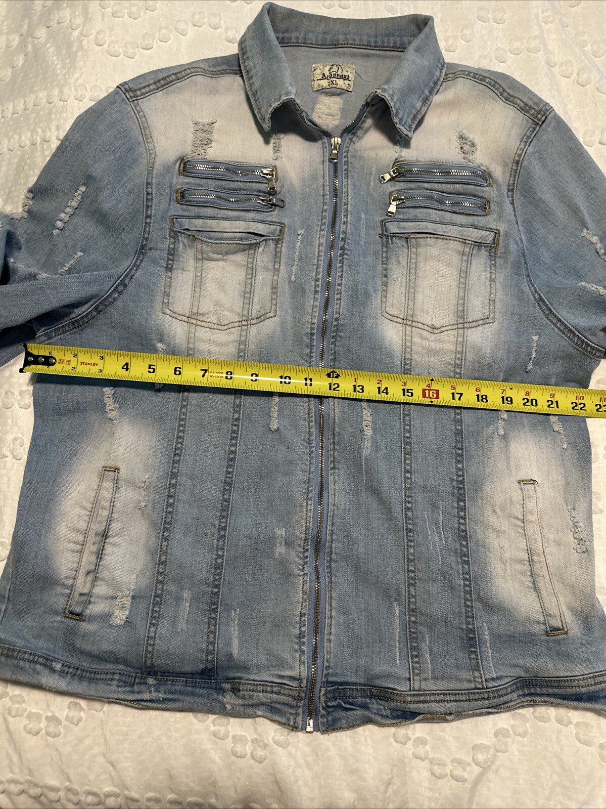 argonauts nation 2XL lightweight blue distressed zippers jean jacket