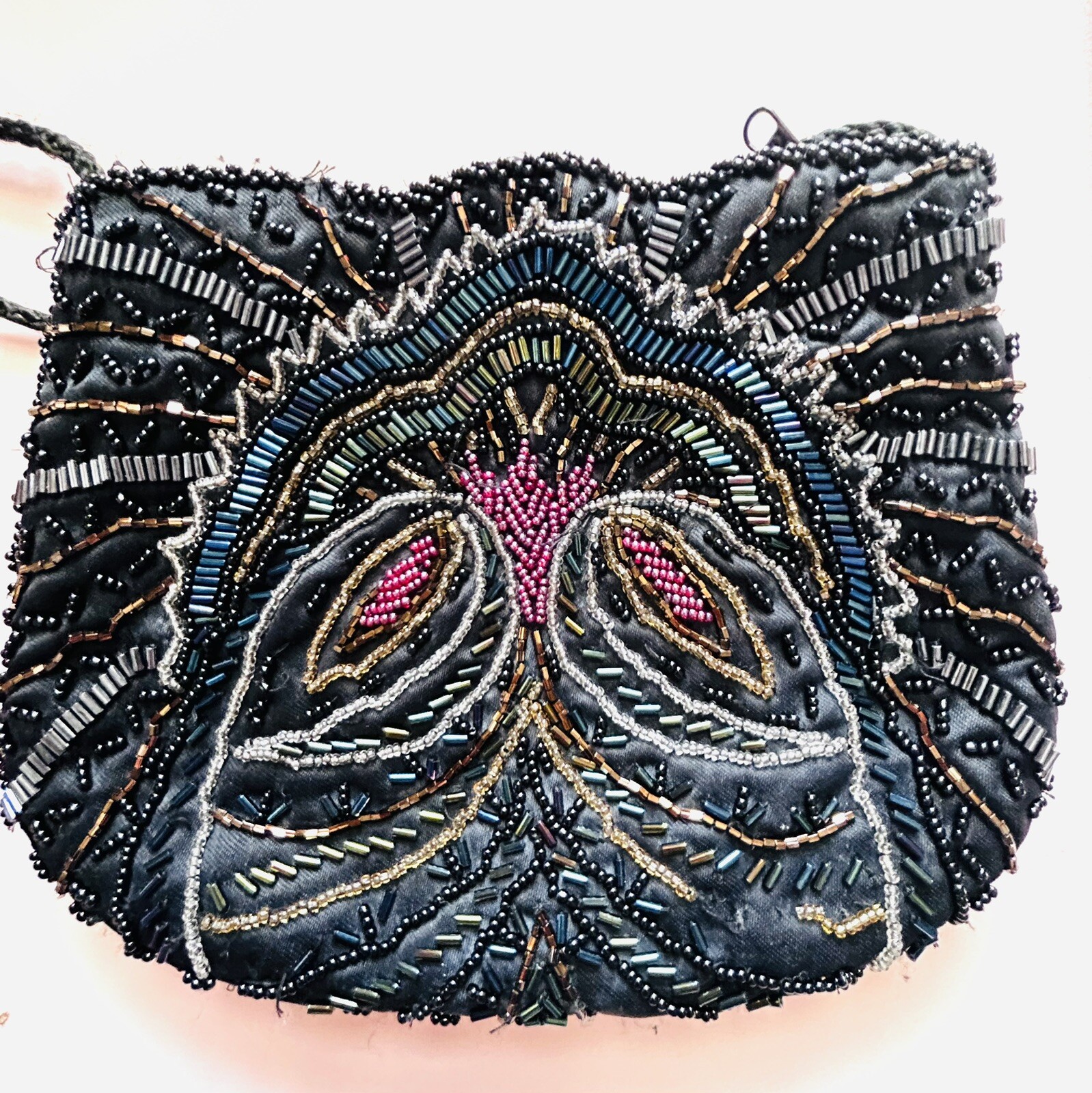 Small Black &multi Color Bead Bag Purse Scallop Top & Braid Rope Shoulder Strap