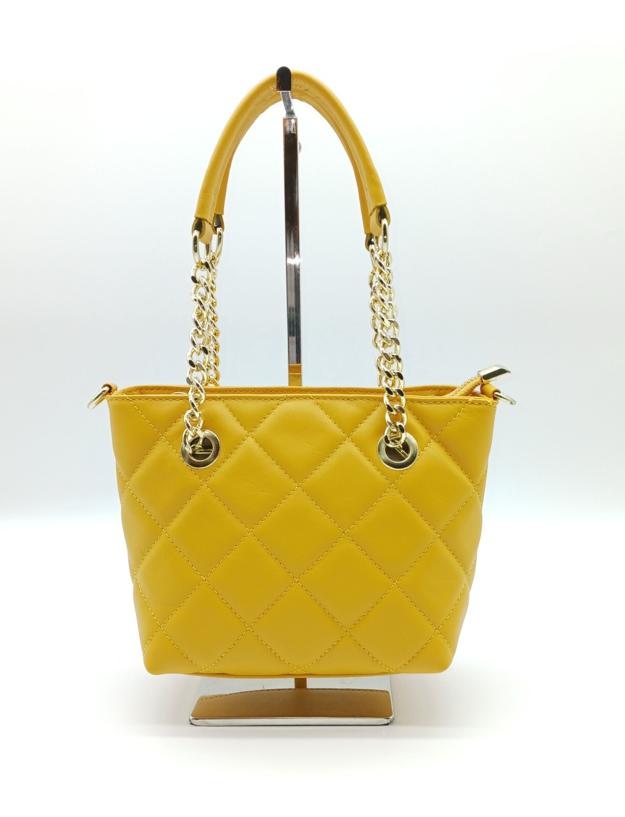 Italian Genuine Leather Small Quilted Tote Crossbody – Made In Italy – Mustard