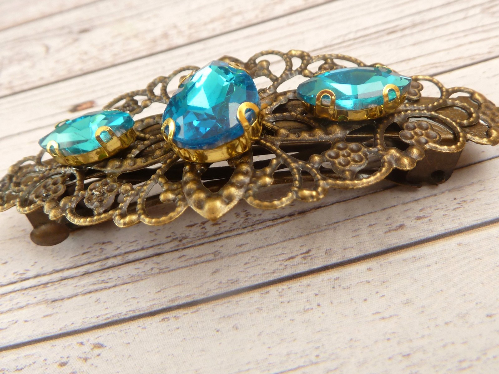 Sparkling Bronze Hair Clip with Faceted Glass Jewels in Turquoise