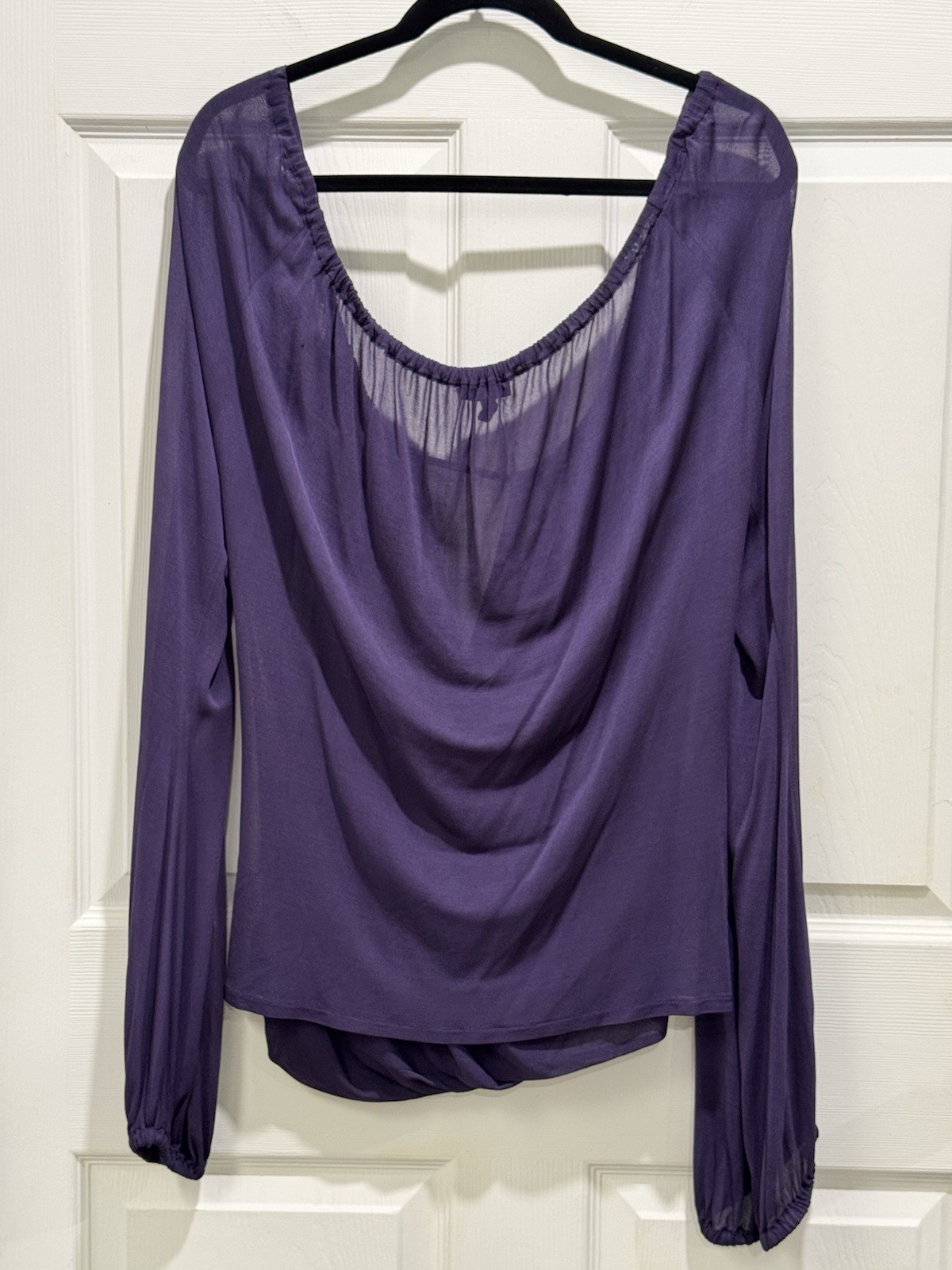 Escada Silk Long Sleeve Wrap Blouse Blue Purple Size 36 Blouson Sleeve FLAW
