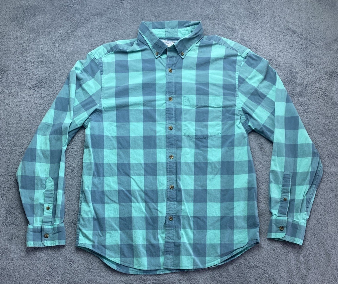 Old Navy Teal/Blue/Green Plaid Button Down Shirt Mens Regular Sz L