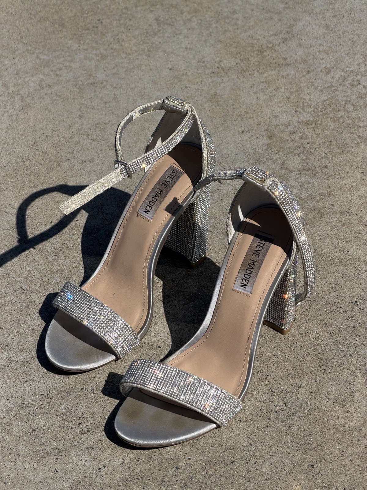Steve Madden Women’s Silver Rhinestone Strappy Open Toe Ankle Strap Block Heels