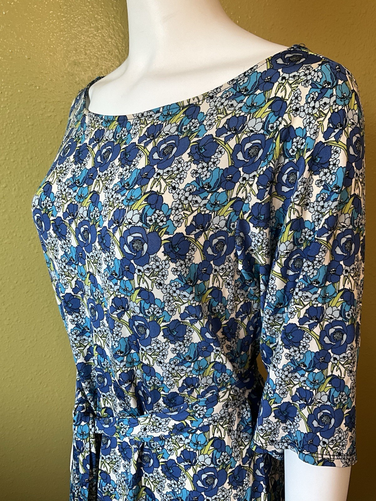 Leota Compass Rose A Line Dress Belted Blue Floral Print Made In USA NYC Spring