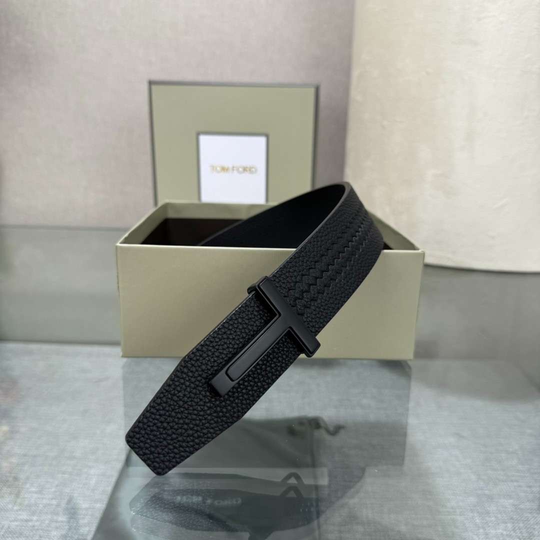 TOM FORD Reversible Black Calfskin Leather 38mm Belt Black Buckle