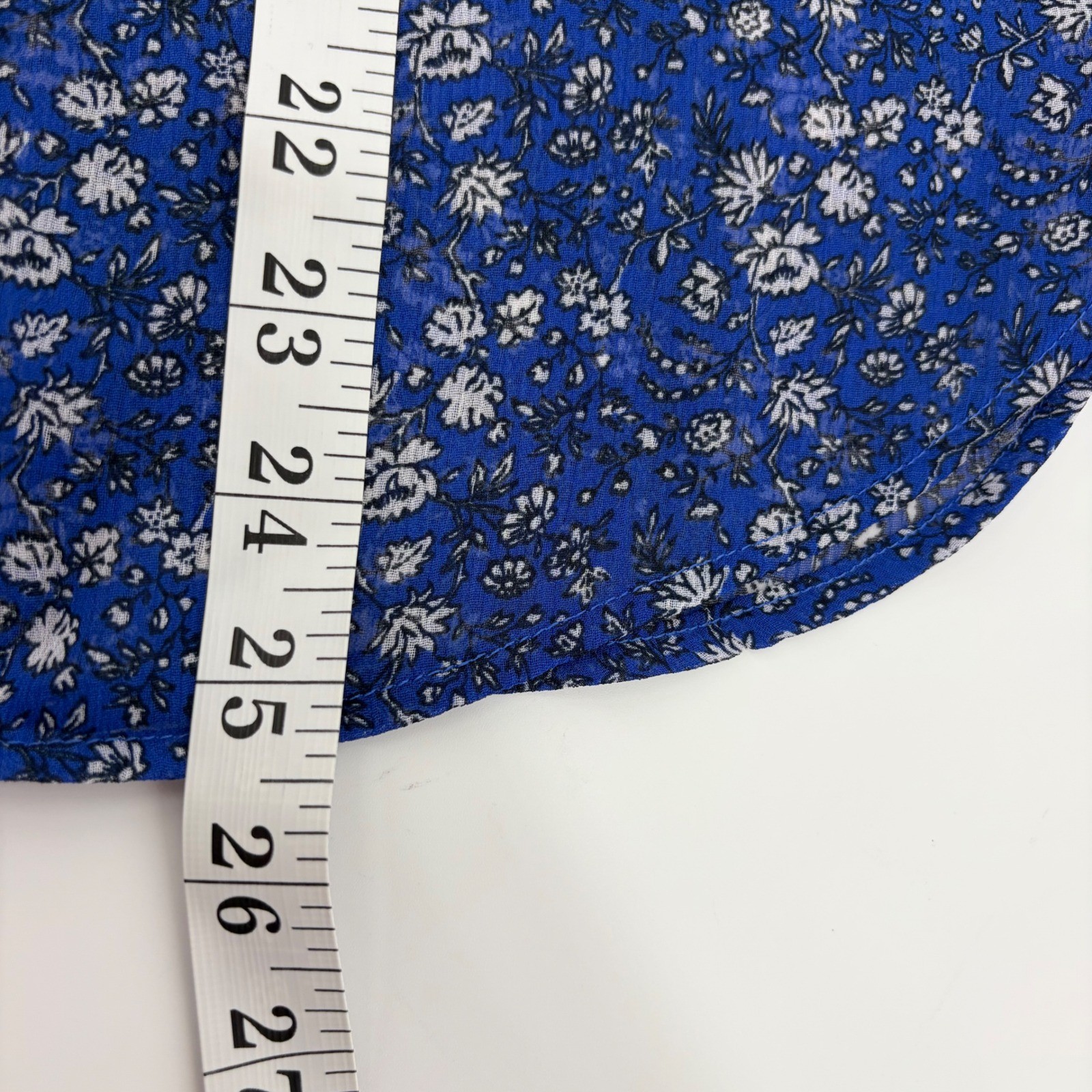 LOFT Floral Blouse Blue Womens Size M Ruffle Neck Smocked Cuff Sheer Top