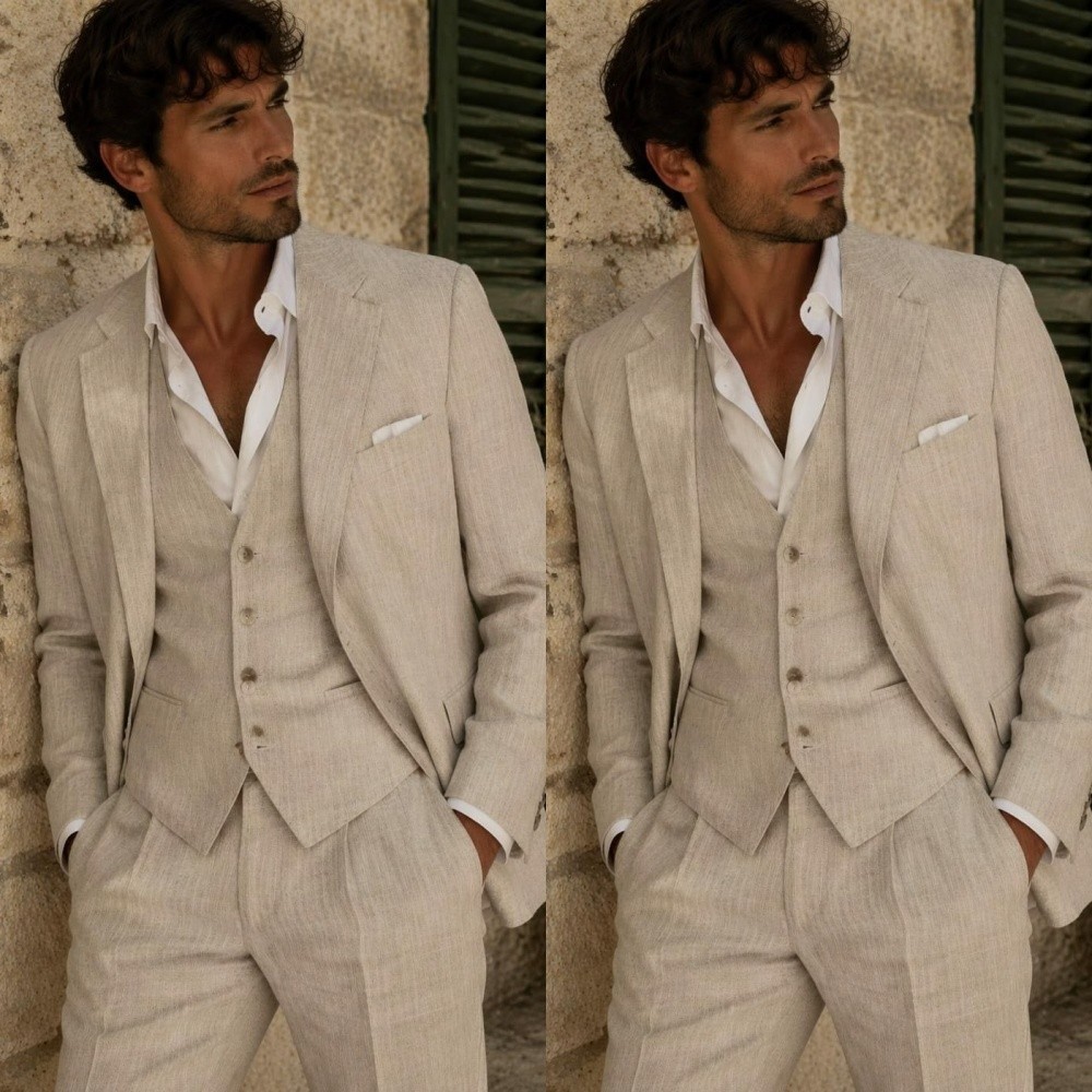 Beige Linen Men’s Suits Formal Suit Wedding Groom Summer Men Blazers 3 Pcs