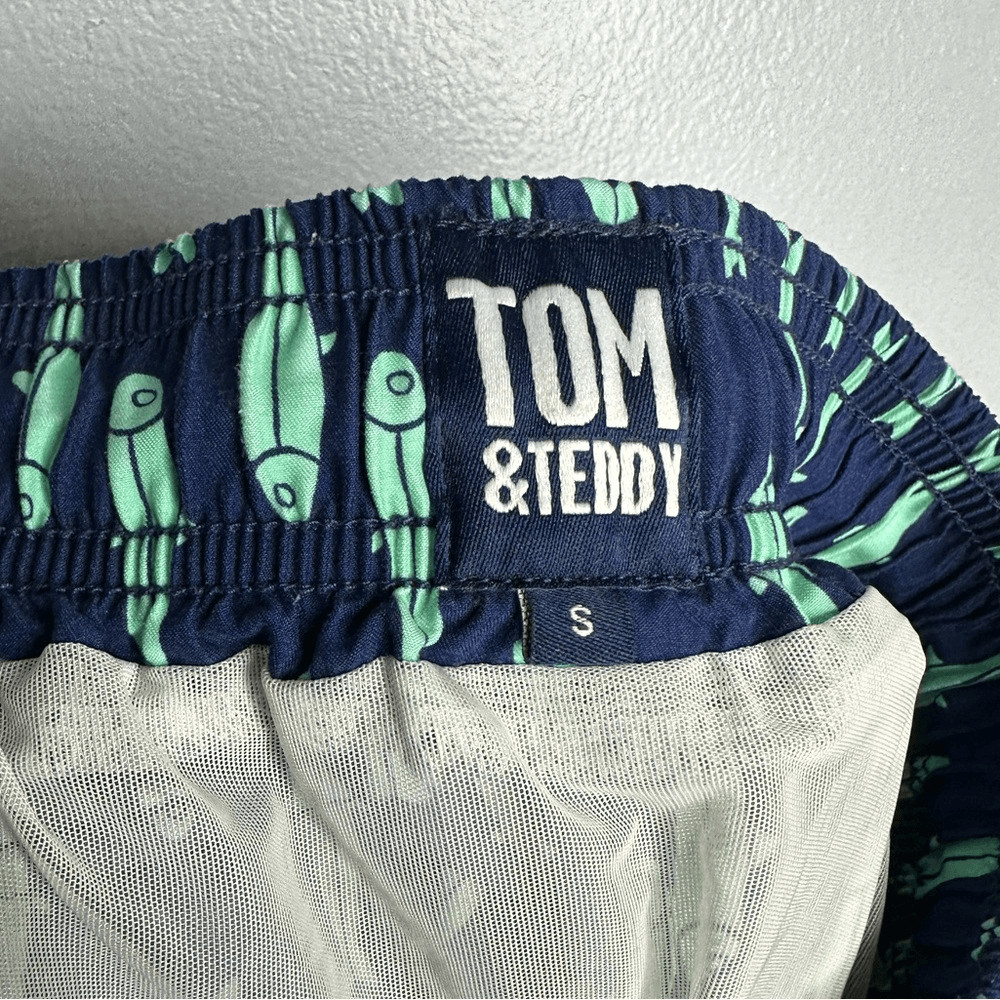 Tom & Teddy Classic Swim Shorts Ink Blue & Green Sardines Mens size Small