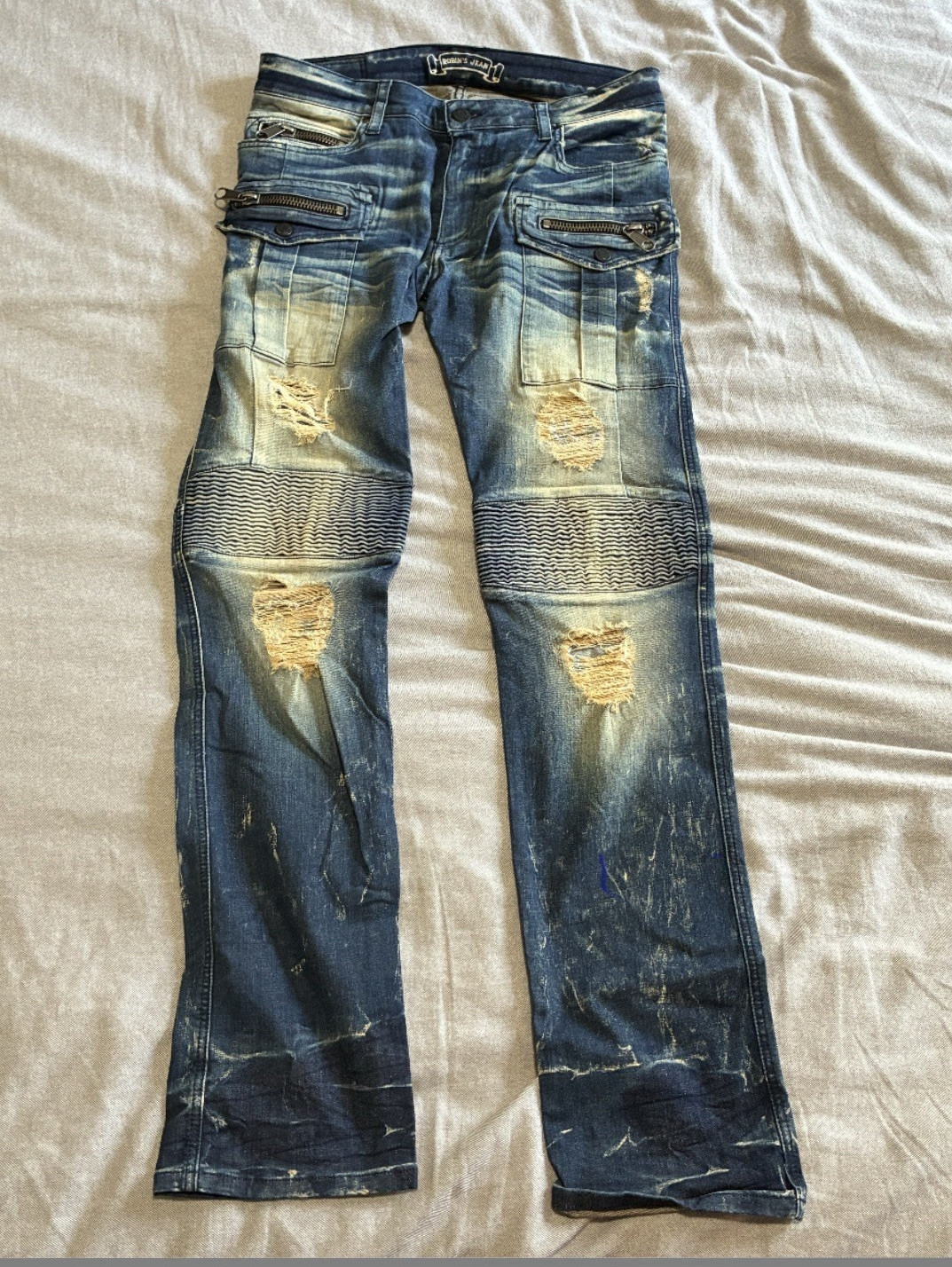 Robin’s Jean Men’s Blue Slim Straight Distressed Studded Medium Wash Jeans