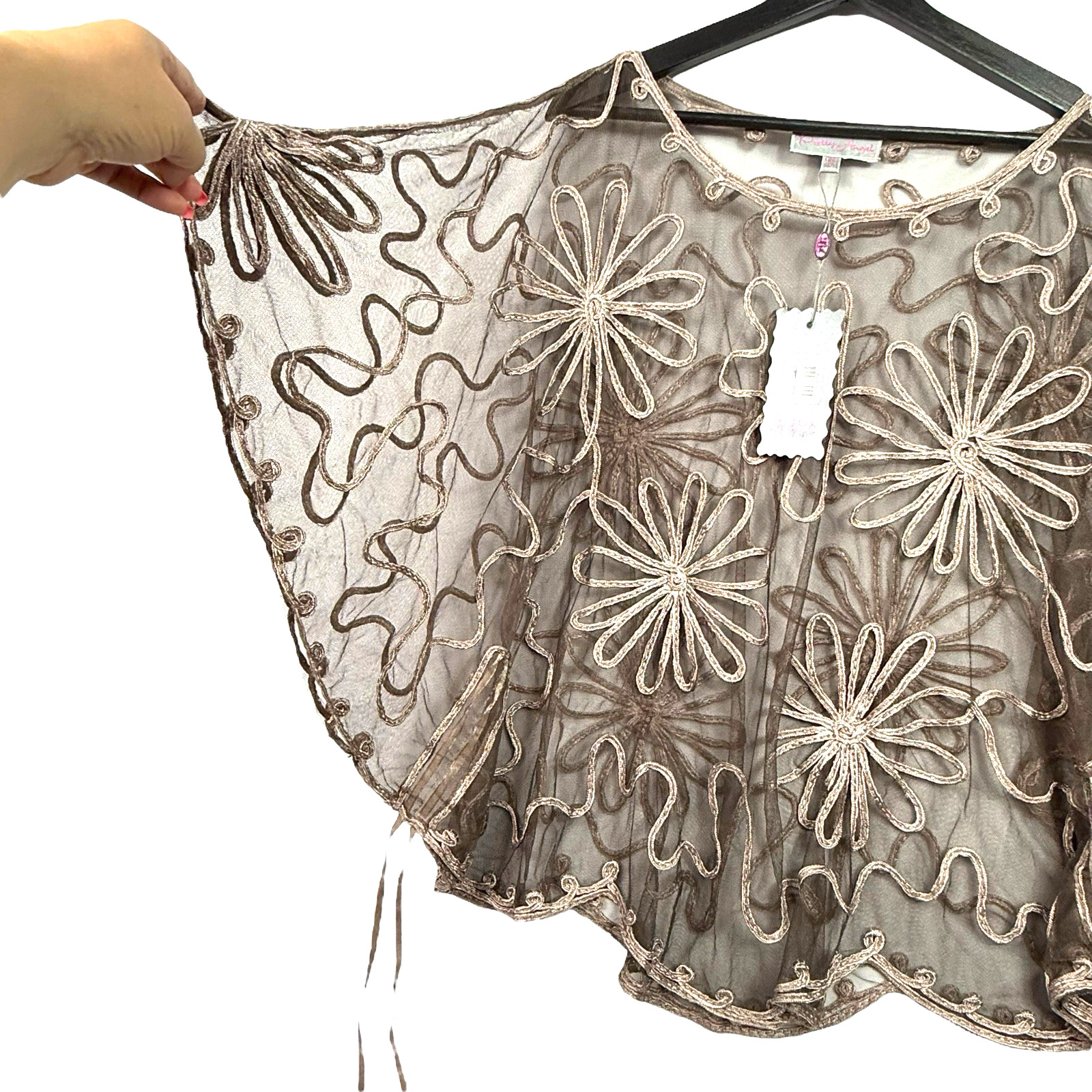 Pretty Angel Brown Sheer Layering Top Floral Applique Silk Blend One Size NWT