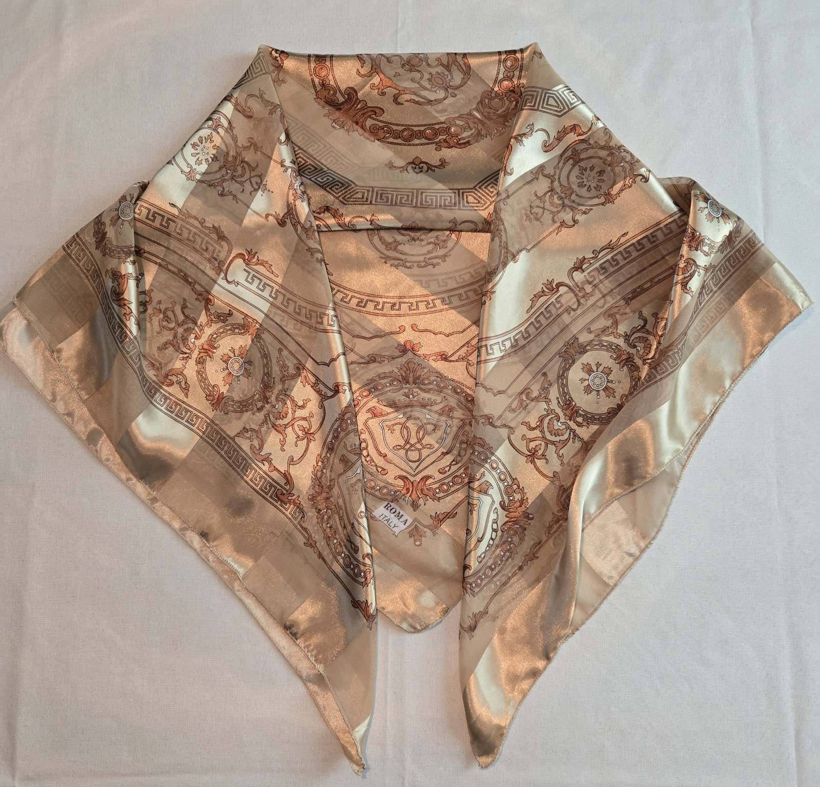 Vintage Scarf Gold Tan & Brown Design Striped Satin Roma Italy 40 X 40 Square