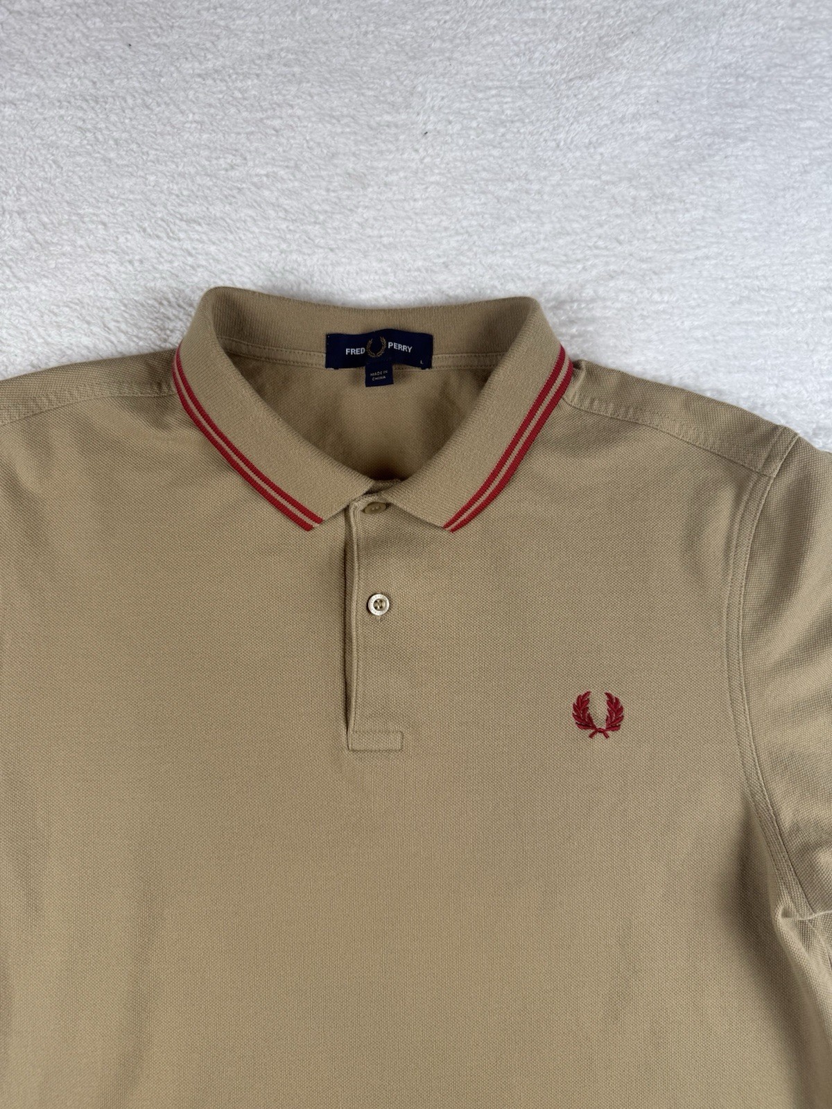 Fred Perry M12 Twin Tipped Summer Polo Shirt Tan/Red Size Men’s Large