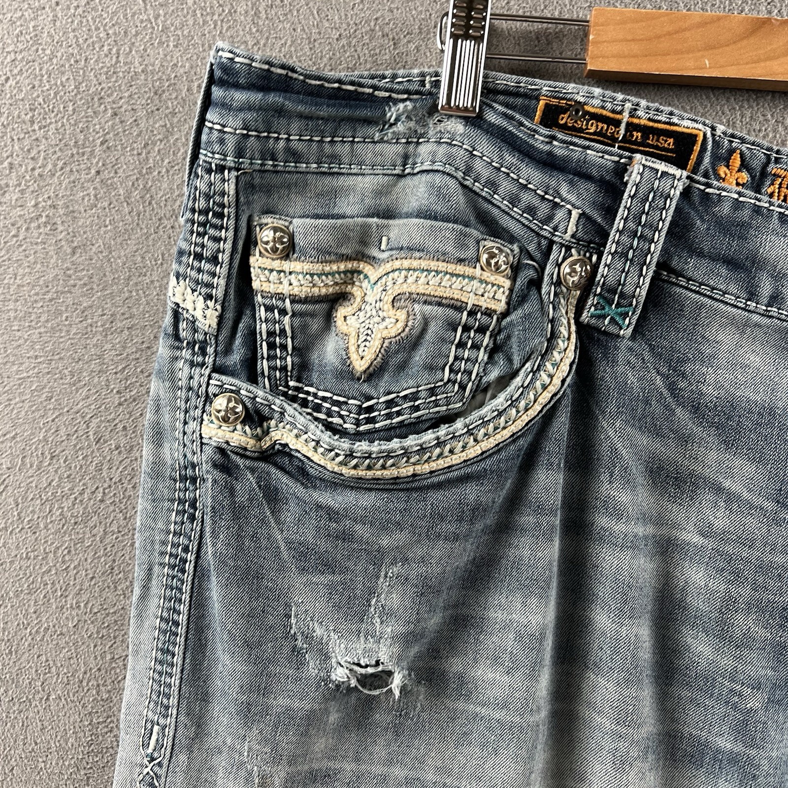 Rock Revival Feeney Jeans Mens 44×34 Light Wash Distressed Denim Relaxed Fit Y2K