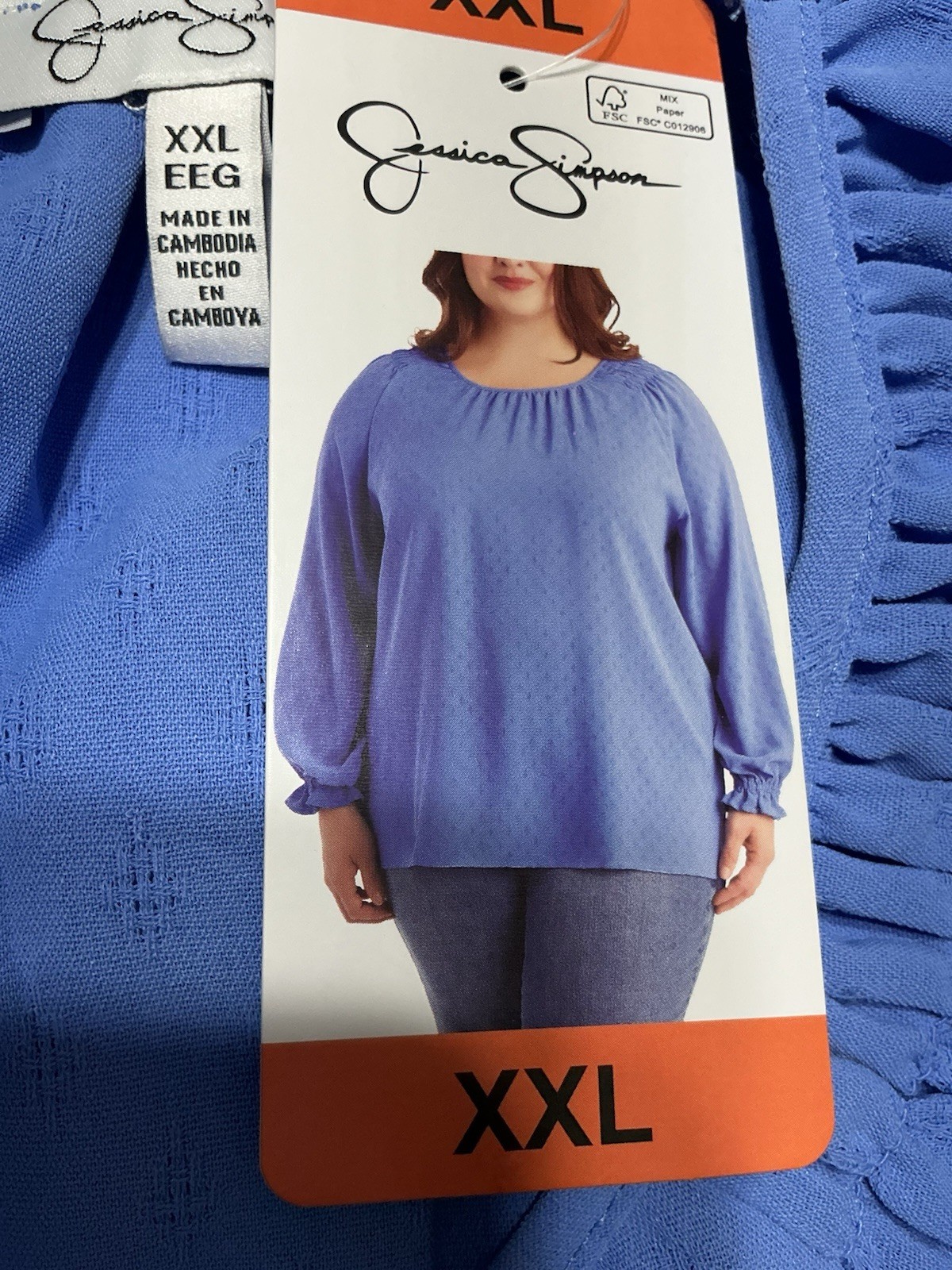 Jessica Simpson Blue Ruched Long Sleeve Round Neck Blouse Women’s XXL