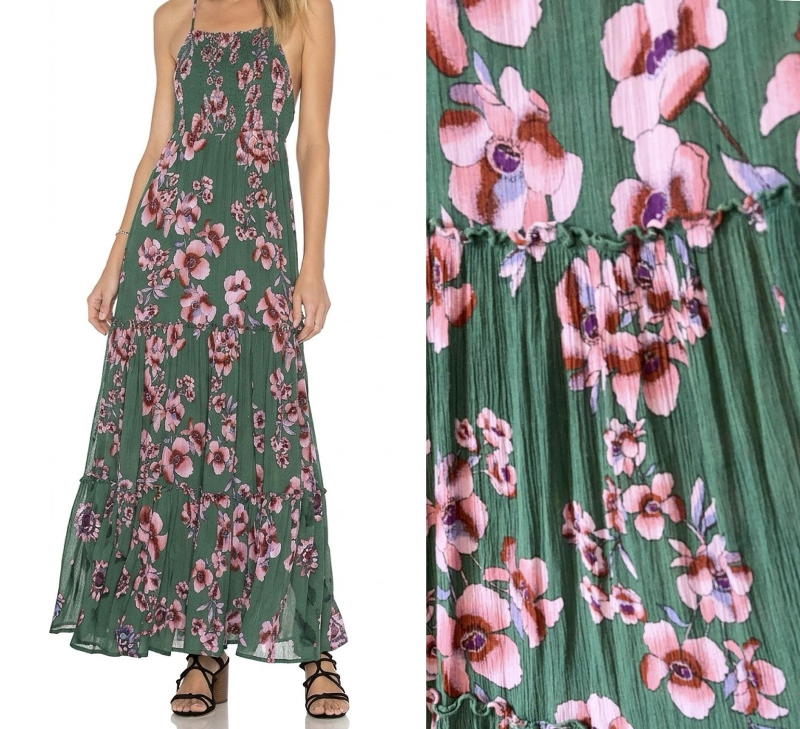 Intimately FREE PEOPLE Garden Party Floral Tiered Maxi Dress Resort Boho Green S