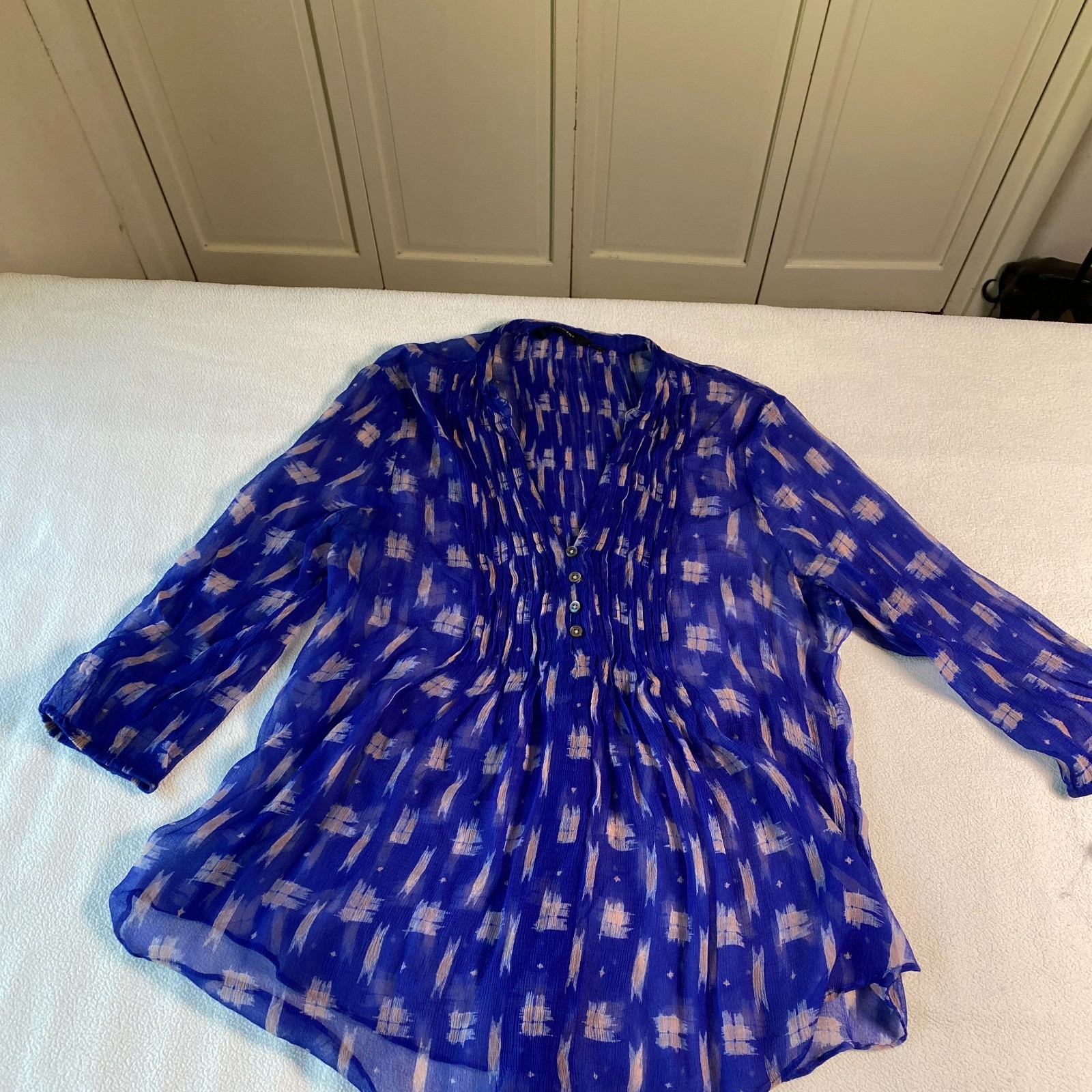 Paradigma Sheer Blue Blouse Small Silk Look Ikat Print Tunic Top w/ Cami