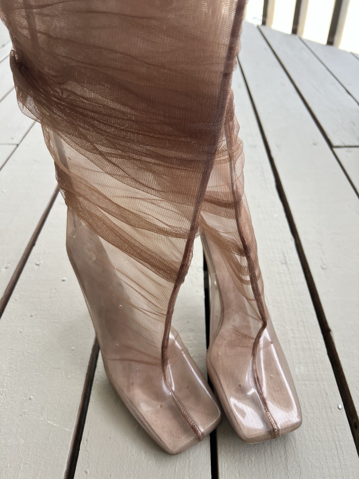 BFlyLA Knee High Brown; PVC, air holes, 4-inch gold heel, and brown mesh 10.5